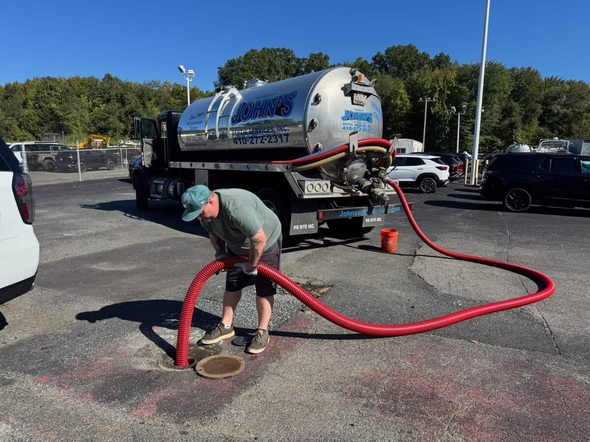 Septic pumping equipment operating at a Cecil County property in Maryland